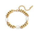 Golden Cuban chain bracelet with three white pearls and K18 engraving for women - 6mm Cuban Chain Three Pearls Bracelet
