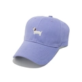 Detail of lavender cotton baseball cap with embroidered dachshund and stitched brim - M(56-58cm) / Purple