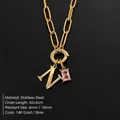 14K gold plated stainless steel necklace with letter N and pink crystal pendant - Letter N