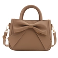 Elegant brown bow-knot top handle square handbag in PU leather with adjustable strap - Khaki