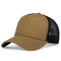 Detailed macro view of the breathable hexagonal mesh and stitching on the brown trucker hat - Khaki