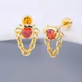 316L gold-plated heart stud earrings with red zircon, cat ears and chain detail - 0.8mm Gauge x 6mm Length / Gold Cat Ear Tassel (Style 12)