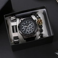 Heren sport horloge set met zwarte metalen band en goudkleurige kroon kralenarmband in doos - Black Style Bracelet And Gift Case