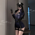 Sexy navy blue police uniform bodysuit with zipper and hat for roleplay - One Size / Deep Blue (Jumpsuit + Straps + Walkie Talkie)