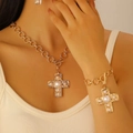 Golden necklace and bracelet set featuring cross pendants inlaid with pearls for women - Gold Earrings+Necklace (Pearl Cross)