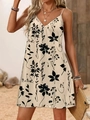 Vestido veraniego de tirantes con cuello en V y estampado de hojas oscuras, estilo boho - S / Estampado Floral Crema