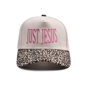 Baseball cap with leopard print brim and pink JUST JESUS embroidery on cream crown - Adjustable / Small Leopard Print