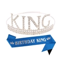 Ensemble couronne King argentée et écharpe Birthday King bleue pour fête d'anniversaire - Argent strass blanc + Écharpe bleu marine texte argenté