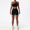 Black one-shoulder yoga set with high-waist shorts and side phone pockets - 10/M / One Shoulder Shorts Premium Black