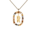 Collana in argento 925 placcato oro 18K con pendente lettera R e gemme colorate - Collana con lettera R in pietre preziose multicolori / Argento 925 / 50cm (40+5+5cm)