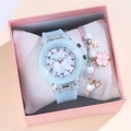 Set orologio unicorno luminoso in silicone con bracciale di perline in scatola - Orologio Blu Cielo + Braccialetto