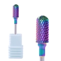 Detailed macro view of rainbow plated nail drill bit with professional cross-cut grooves - Rainbow Cross-diagonal Grinding Head (HJ-08)