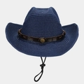 Detail of dark blue woven straw cowboy hat with brown leather band and chin strap - One Size / Navy Blue