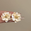 French vintage camellia flower stud earrings with pearlescent petals and golden stamens - White Pearlescent Flower Style (17# Silver Earring Post-White-Gold)