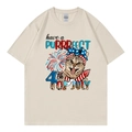 Beige oversized T-shirt with cat and 4th of July graphic print on a white background - Beige