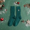 Dark green Christmas cotton crew sock featuring cute reindeer embroidery and ribbed texture - One Size / Green/Reindeer