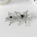Silver liquid metal butterfly hair clip with black gemstones on a white background - Double Black Gem Butterfly