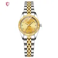 Chenxi quartz couple watch with two-tone gold and silver steel band and crystal markers - Women's Gold Dial