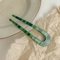 U-shaped acetic acid hair pin in green tortoiseshell pattern with Creation France print - Faux Acetate Green