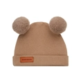 Cozy brown baby knit beanie with two soft pom-poms and handmade leather label - Khaki (SS142-7)
