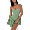 Women's green corset-style dress with delicate spaghetti straps and ruffled hem design - S / Green