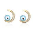 Detailed view of gold crescent moon stud earrings with zircon and blue evil eye detail - Zirconia Crescent Evil Eye-42103