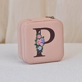Pink PU leather jewelry travel case with embroidered letter P and floral pattern - Print P