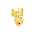Golden heart pendant ear cuff with textured finish and pink purple gemstone inlay - Single Piece / 18K Gold