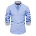 Close-up of light blue slim-fit casual shirt collar showing the size M tag and oxford fabric - S / Lake Blue