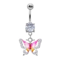 Silver belly ring with round clear zircon and pink butterfly pendant with rhinestones - Silver Pink Yellow Butterfly (24040901-2)