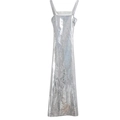 Front view of silver sequin evening gown featuring a square neck and spaghetti straps - Silver