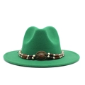 Close-up of green wool fedora hat featuring double beaded band and retro bronze buckle - Grass Green