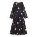 Abito lungo da donna in chiffon a pois con maniche lunghe e scollo rotondo raffinato - S / Nero