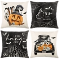 Set of 4 linen Halloween pillow covers with pumpkin, bat, and ghost illustrations - Halloween Series 4-Piece Set-10