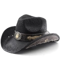 Cappello da cowboy in paglia nera con fascia in pelle decorata con pietre e borchie - M(56-58cm) / Nero