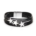 Detail of multi-layer black leather wrap bracelet with silver star accents and magnetic clasp - Black