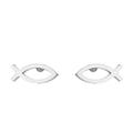 Pair of minimalist silver stainless steel Ichthys fish stud earrings on white background - Steel