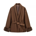 Manteau en laine marron foncé avec ceinture et poignets luxueux en fausse fourrure - Marron