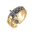 Gold-plated adjustable ring with blue zircon gemstone and a round disc pendant charms - Adjustable Open / Gold Style (13656)