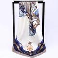 Silky satin square scarf in ivory and navy blue with vintage carriage wheel and crown print - Angel Driving Khaki (SD90-04-4)