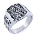 Detail view of men's stainless steel signet ring with black faceted stones and side textures - US 7 / Silver Black Zirconia Square Style (钢色01109)
