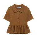 Brown knit short sleeve cardigan with Peter Pan collar and ruffled hem on white background - S / Brown