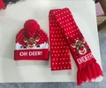 Detail of red Christmas knitted hat and scarf set with LED lights and elk patterns - Red Reindeer-Set
