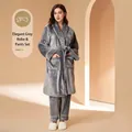 Women's thick coral fleece pajama set in elegant grey with robe and trousers - M / Elegant Grey Female Set