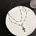 Detail view of double-layer gothic cross necklace with black stones and beaded chain - Double-Layer Rhinestone Cross / Gun Black/Black