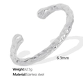 Polished silver stainless steel open bangle featuring unique hammered texture and 6.3mm width - Silver (SZ89)
