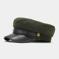 Detail of vintage dark green newsboy cap with black faux leather brim and gold buckle - M (56-58cm) / Army Green