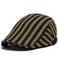 Classic striped cotton linen flat cap in black and brown with metal side buckle - Adjustable / Camel