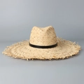 Detailed close-up of natural raffia straw weaving and raw frayed edges on the sun hat - M (56-58cm) / Black (Band)