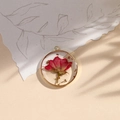 Handmade round resin pendant featuring pink dried rose and gold leaf in metal frame - Style 6 / Dark Red/Gold